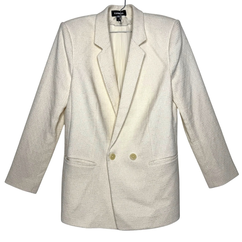 Express Ivory/Silver Boucle Tweed Double Breasted Relaxed fit Preppy Blazer sz M